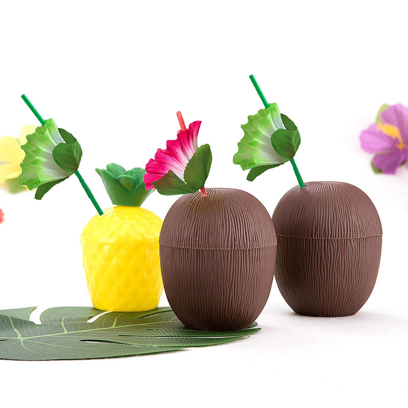 Heajfvd 6Pcs Pineapple Cups with Lids Large Capacity Leak-proof BPA Free Drinkware Hawaiian Party Flower Straws Coconut Cups for Adults Kids